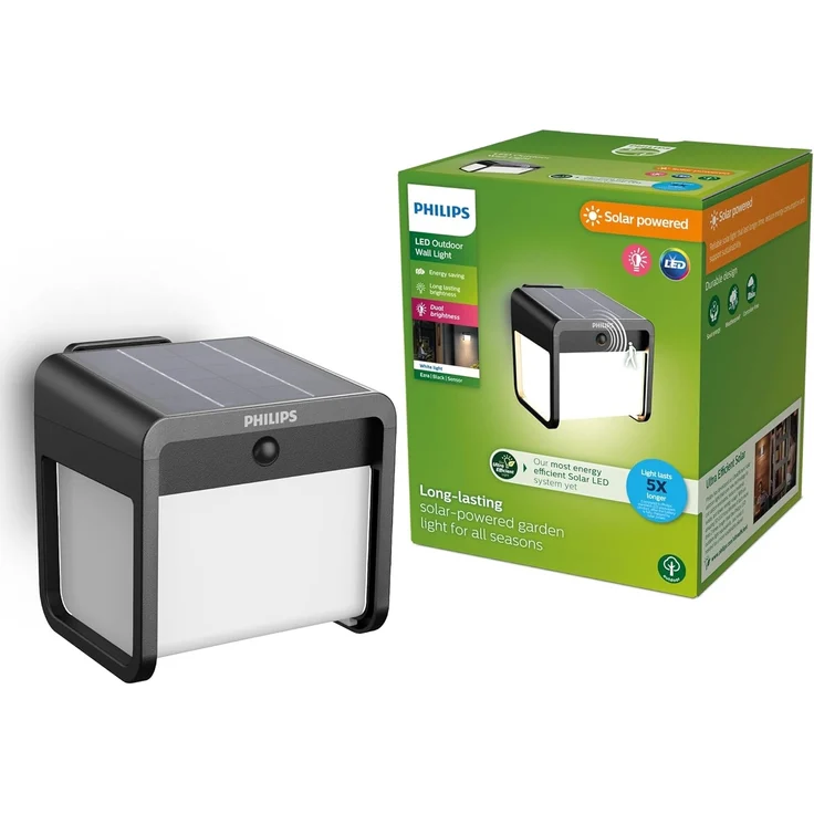 PHILIPS Ezra ultraeffiziente Solar-Wandleuchte für den Außenbereich mit Sensor, 3000K weißes Licht, 250/25lm, Schwarz