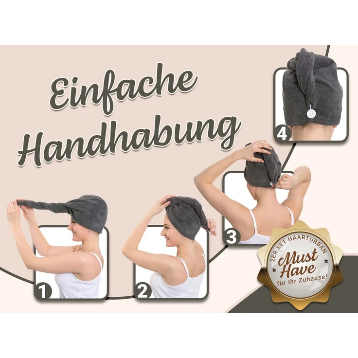 ZOLLNER 2er Set Haarturban / Kopfhandtuch, Mikrofaser, anthrazit, 65 cm lang – Bild 5