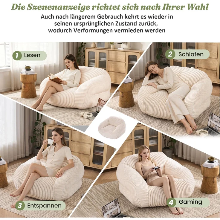 Sitzsack für Erwachsene, flauschiger Loungesessel Cord, vakuumverpackt und montagefrei, für Wohnzimmer, Schlafzimmer, Balkon(Beige)--Beige--116x110x61cm--YOUDENOVA – Bild 7
