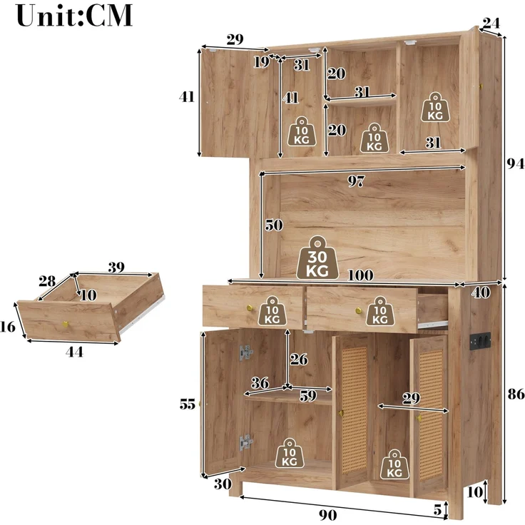 Küchenschrank 100 x 40 x 180 cm mit RGB-LED-Beleuchtung und Rattantüren – Bild 5