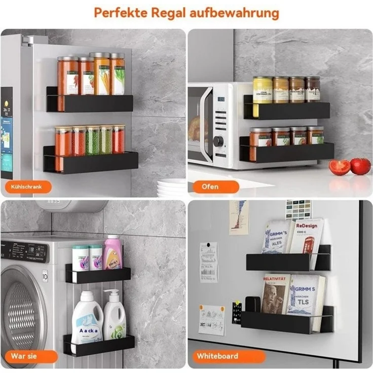 PFCTART Küchenorganizer-Set Hängeregal Küchenregal für Kühlschrank – 3-lagig & Metall, (Set, 1-tlg, Für Kühlschrank, Schrank & Möbel – Schwarz, Edelstahl), Ohne Bohren, inkl. Küchenreling & 7 Haken, starke Klebebefestigung – Bild 4