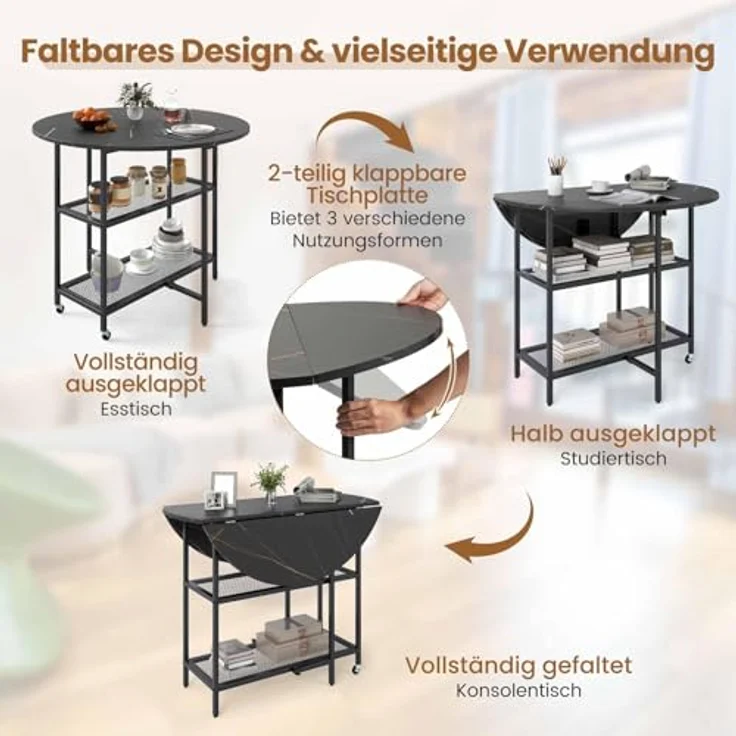 FANTASK Esstisch klappbar für 2-4 Personen, runder Esszimmertisch Küchentisch mit 2 Ablagefächern, mobiler Klapptisch Marmor Optik für Esszimmer, Wohnzimmer (Schwarz) – Bild 5