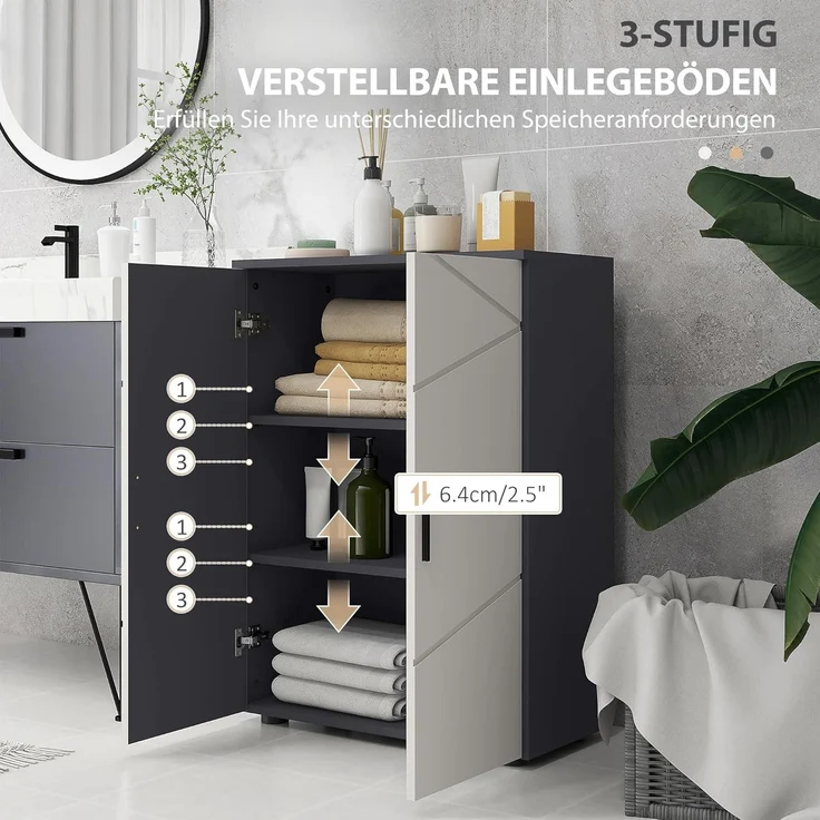 Kleankin Badkommode Badezimmerschrank Beistellschrank mit Doppeltür, Verstellbar Ablagen (Badschrank, 1 St, Aufbewahrungsschrank), für Wohnzimmer 60 x 30 x 82 cm Grau – Bild 5