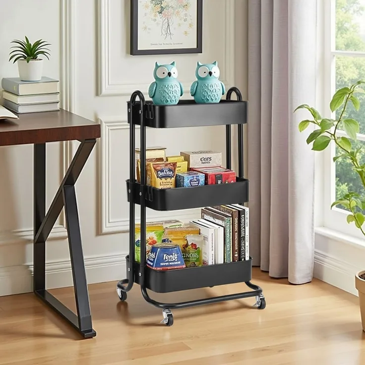 Home Nature Wohnkonzept Küchenrollwagen mit 3 Ebenen Schwarz, platzsparender Rollwagen für Küche, Bad und Haushalt, Schwarz, 80 × 40 × 44 cm