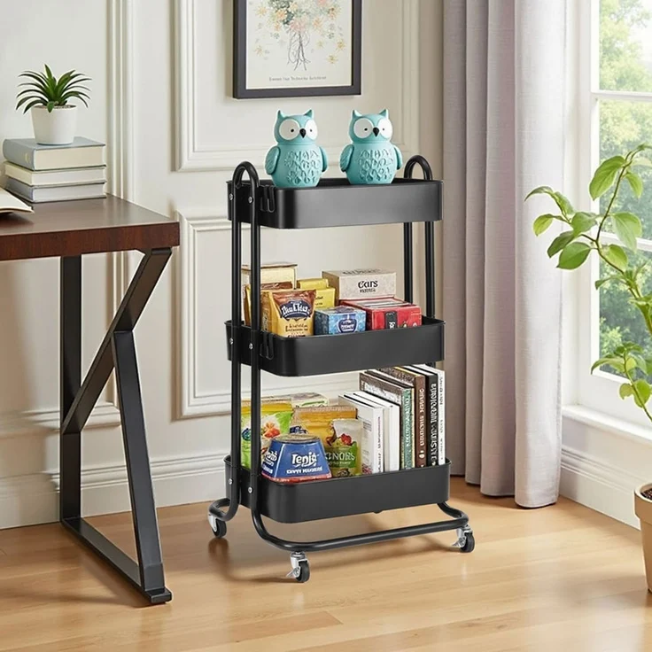 Home Nature Wohnkonzept Küchenrollwagen mit 3 Ebenen Schwarz, platzsparender Rollwagen für Küche, Bad und Haushalt, Schwarz, 80 × 40 × 44 cm – Bild 1