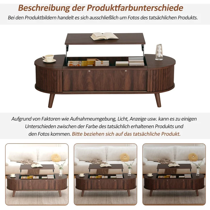 Couchtisch 120x50x39,5 cm, höhenverstellbar, mit verstecktem Stauraum, Nussbaum, MDF – Bild 9