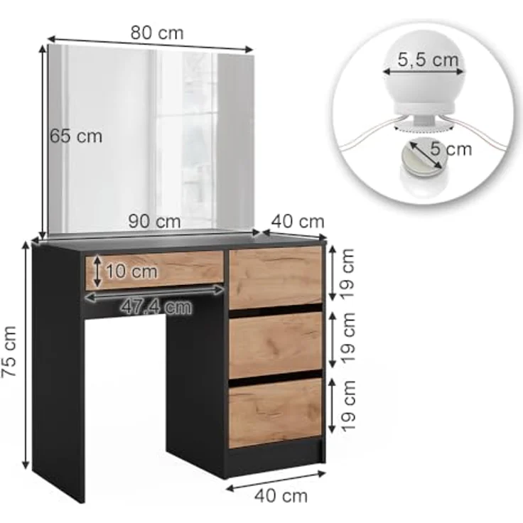 Vicco Schminktisch Sherry, Anthrazit/Goldkraft Eiche, 90 x 75 cm mit Spiegel & LED-Beleuchtung – Bild 3