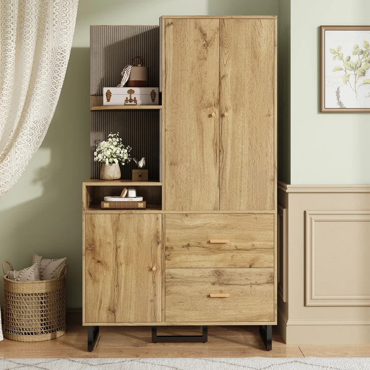 Kompaktgarderobe Holz Schwarz mit Soft-Close, Ausziehstange, Stoffpaneelen, Schubladen, modernem Flur-Organizer – Bild 7