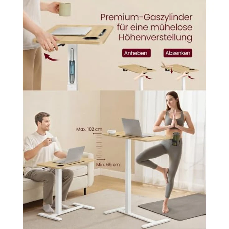 VASAGLE Beistelltisch mit Rollen, mobiler Stehtisch, 70x40 cm große Tischplatte, verstellbare Höhe, 2 Getränkehalter, Schlitz für Handy oder Tablet, goldeichenfarben LSD600YA01 – Bild 4