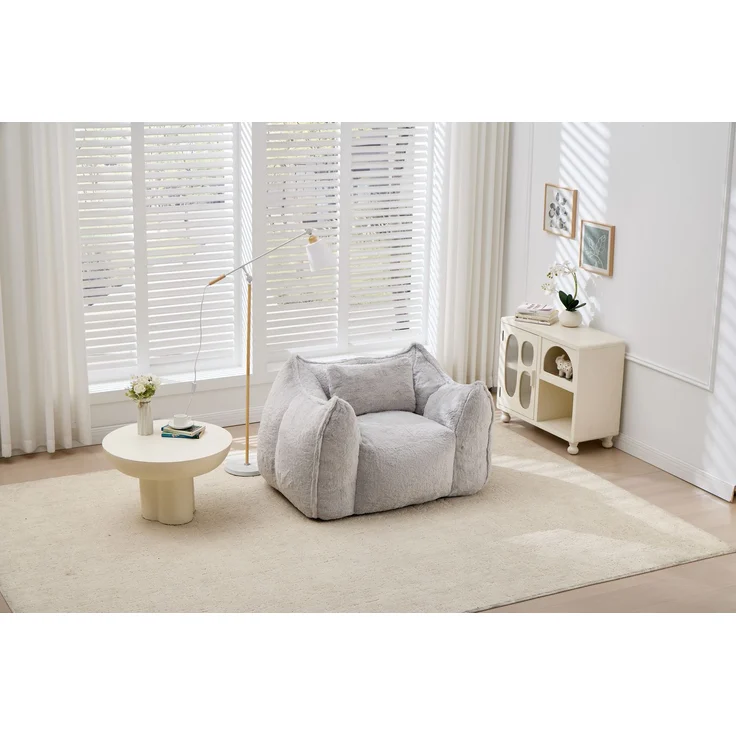 Großer Sitzsack-Sessel mit Kunstfellbezug und Kissen, weicher Loungesitz mit Schaumstoffflocken ohne Montage für Wohnzimmer, Grau – Bild 21