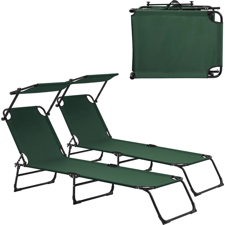 2er Set Sonnenliege Lomeda mit Sonnendach 187x53x27cm Dunkelgrün [casa. pro] – Bild 1