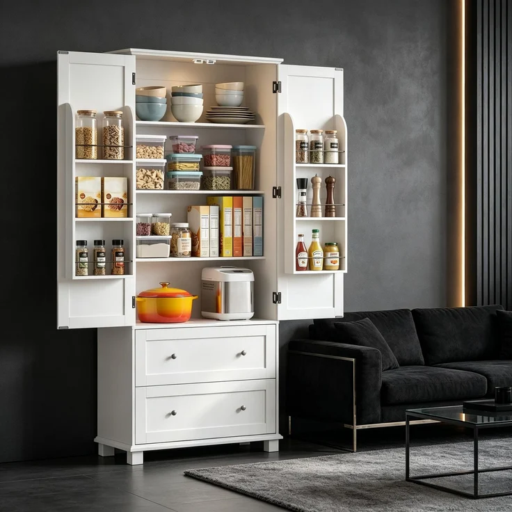 Küchenbuffet 80 x 39,5 x 184,5 cm aus MDF in Weiß mit 2 Schubladen und verstellbaren Einlegeböden – Bild 1