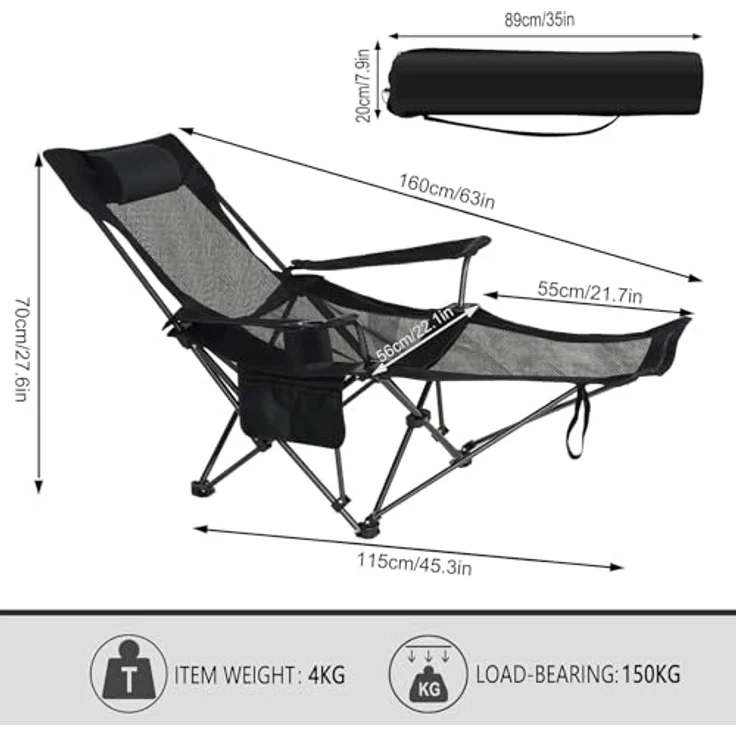 eSituro Campingstuhl klappbar, Angelstuhl faltbar, Klappstuhl mit Abnehmbarer Fußablage Getränkehalter Tragetasche, Strandstuhl mit Verstellbarer Rückenlehne, Campingliege Schwarz – Bild 4