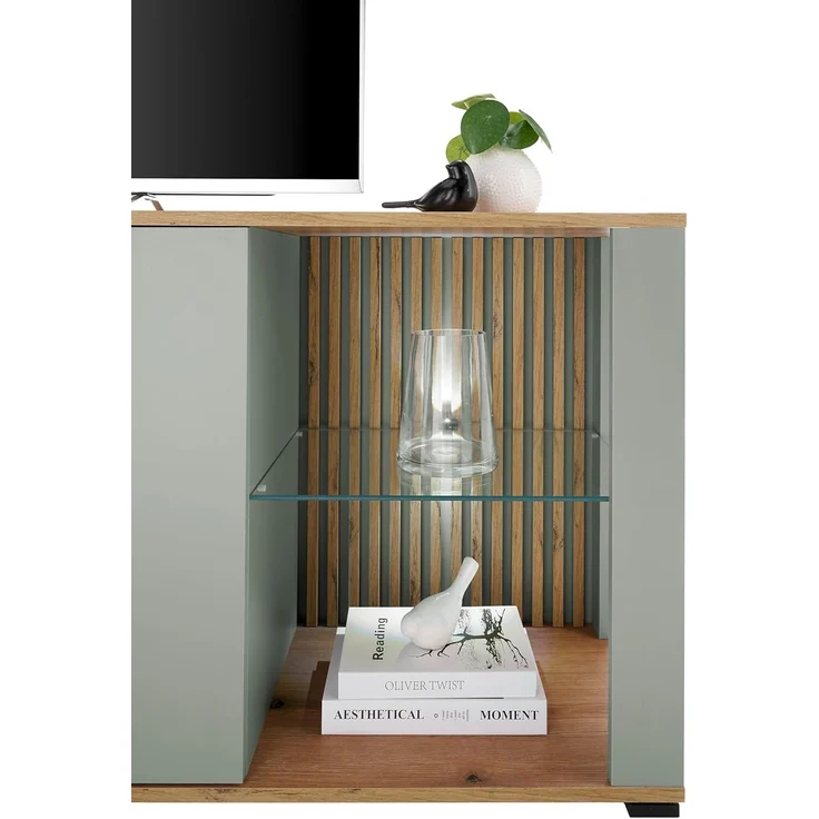 NARVA TV-Lowboard mit LED-Beleuchtung in Salbei, Evoke Eiche Optik - TV Schrank mit viel Stauraum für Ihr Wohnzimmer - 179 x 67 x 44 cm (B/H/T) – Bild 5