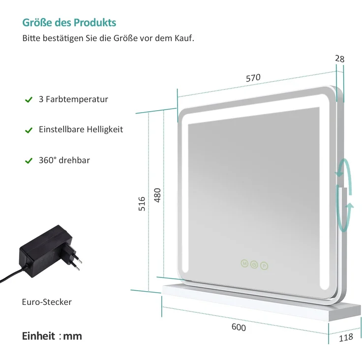EMKE Schminkspiegel mit Beleuchtung LED Kosmetikspiegel Drehbar Make Up Spiegel mit Touchschalter, 3 Lichtfarben Dimmbar und Memory-Funktion, Weiß, 60x51,6cm – Bild 5