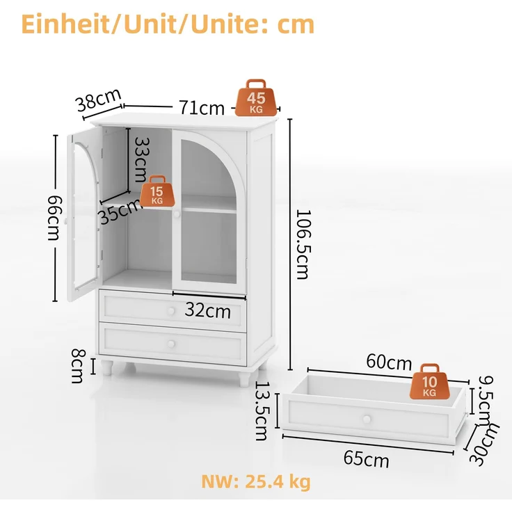 Vitrine im Landhausstil, B 38 x T 71 x H 106,5 cm, weißes MDF mit gewölbten Glastüren – Bild 5