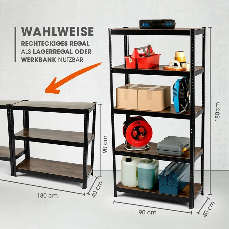 EASYmaxx Schwerlastregal 180x90x40cm schwarz/braun mit 5 belastbaren Holzböden 2er-Set – Bild 6