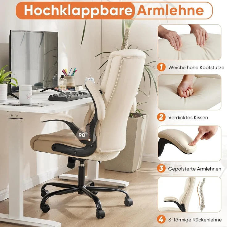 Sweetcrispy Chefsessel PU Leder Bürostuhl Ergonomisch, Schreibtischstuhl mit Hochklappbaren Armlehnen, Ergonomischer Computerstuhl mit Hoher Rückenlehne, Gaming PC Drehstuhl für Arbeit Ruhe, Weiß – Bild 5