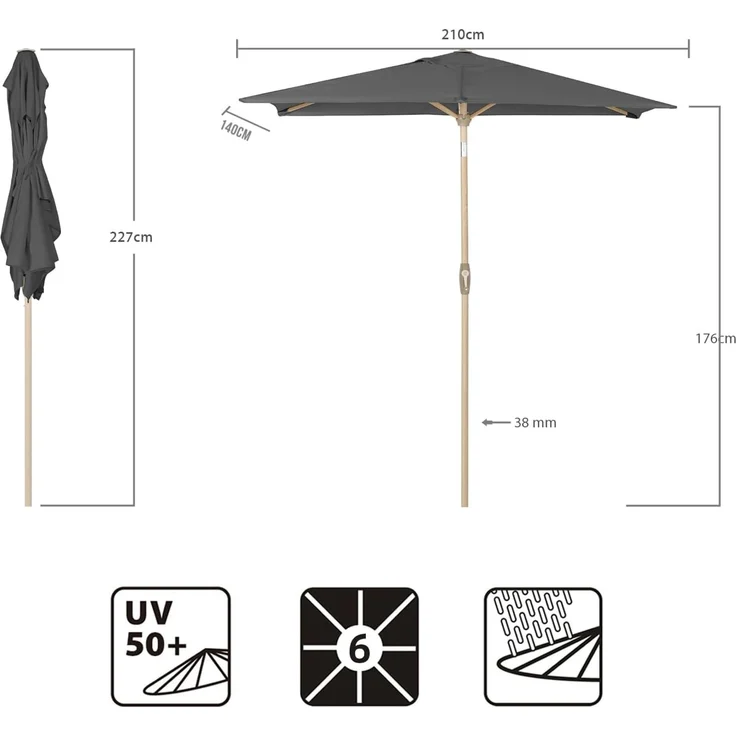 Sekey Sonnenschirm mit Kurbel und UV50+, knickbar, Aluminium hellgrau / natur, 210 × 140 cm – Bild 3