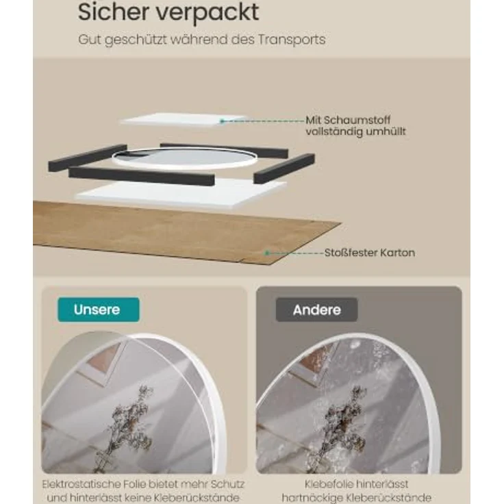 SONGMICS Runder Spiegel, Wandspiegel, Aluminiumrahmen, 41 cm | Modern, einfache Montage, für Bad, Wohnzimmer, Schlafzimmer, Flur, Mattweiss, BERIT Kollektion LWM104WC01 – Bild 6