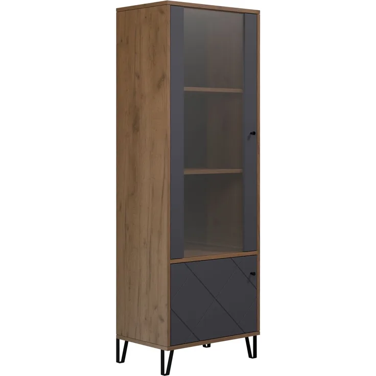 'Montez' Vitrine, Graphite grau und Eiche Kraft Gold, 63 x 172 x 40 cm