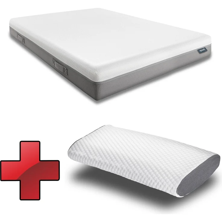 Viskoelastik-Matratze Sleezzz Premium 140 x 200 cm, Höhe 20 cm, Härtegrad H2/H3, mit Wendegriffen + Sleezzz® Cool Kühl-Effekt Kissen