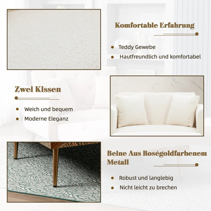 LVHOM Klappsofa mit Schlaffunktion, Schlafsofa Samtbezug mit goldenen Metallbeine, Klappbett Bettsofa Bettcouch, Chaiselounge, Weiß – Bild 4