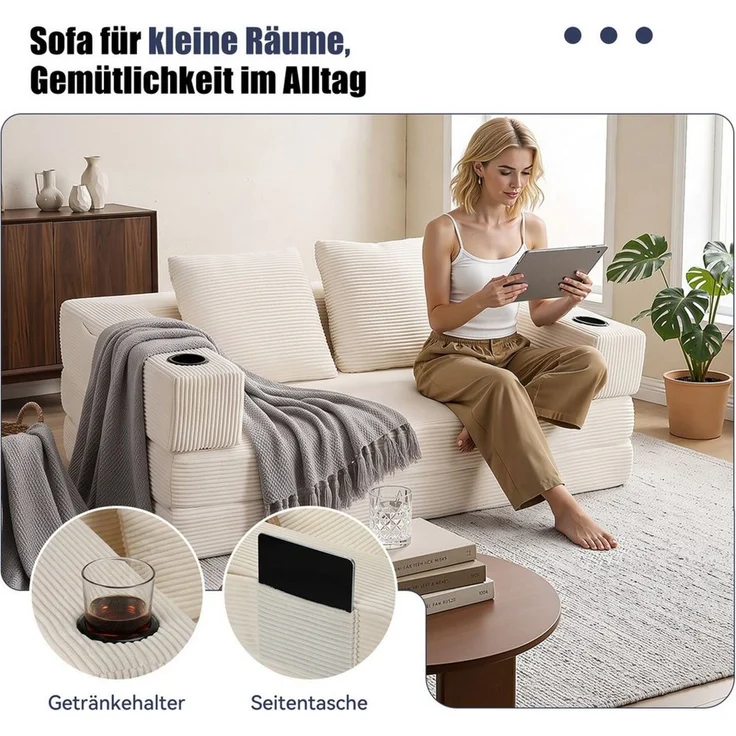 oyajia Schlafsofa Sofa mit Schlaffunktion aus Cord, umwandelbar zum Schlafsofa/-Sessel, Beige, Cordsofa 150 cm breit, 2 Sitzer, kein Aufbau erforderlich, vakuumiert, Boneless Couch, Klappsofabett für Wohn/Arbeits/Schlafzimmer – Bild 3