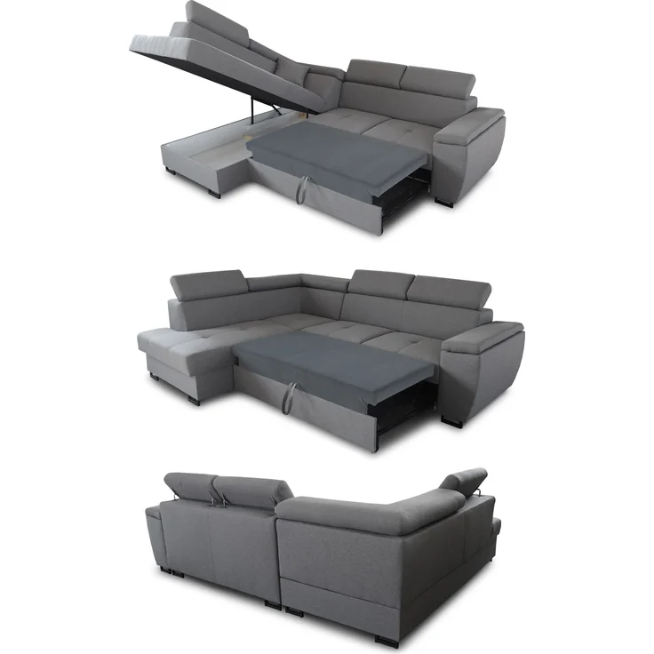 Ecksofa Natan mit Schlaffunktion und einstellbare Kopfstützen - Wohnlandschaft mit Metallfüßen, Couchgarnitur, Bettkasten, Sofa (Ecksofa Links, Grün (Kronos 19)) – Bild 3
