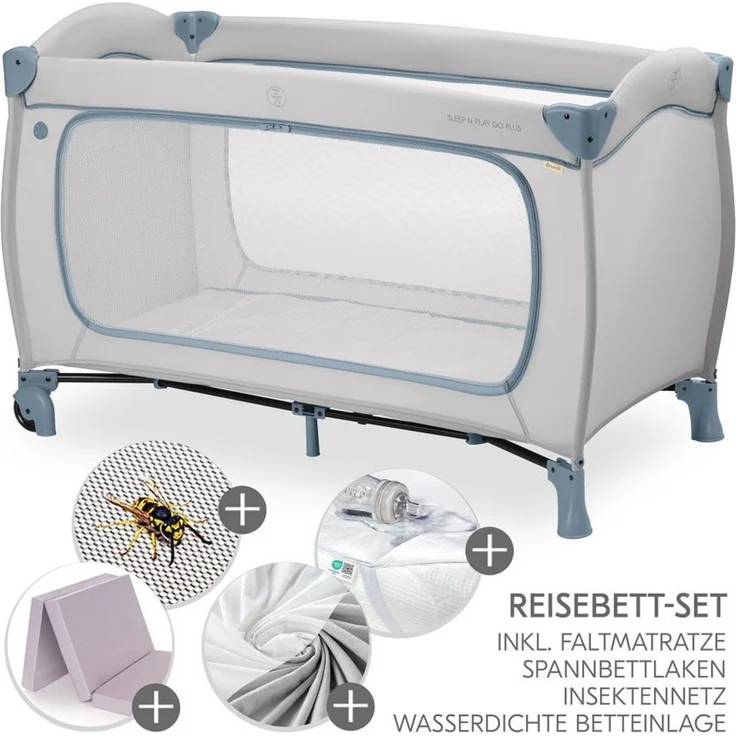 Hauck Baby-Reisebett Sleep N Play Go Plus XXL Set - Dusty Blue, Kinder Reisebett mit Matratze, Spannbettlaken & Insektenschutz faltbar – Bild 1