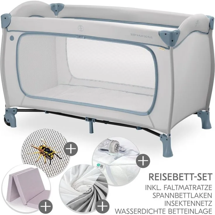Hauck Baby-Reisebett Sleep N Play Go Plus XXL Set - Dusty Blue, Kinder Reisebett mit Matratze, Spannbettlaken & Insektenschutz faltbar