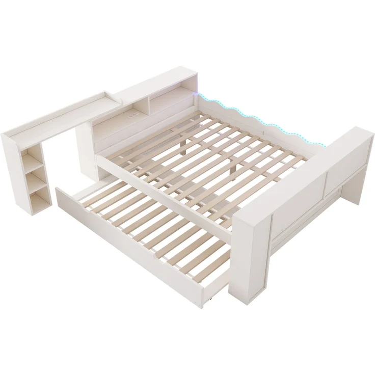 Ausziehbett mit Liegefläche 140×200 cm, Gästebett 90×190 cm und LED, Weiß, ohne Matratze – Bild 9