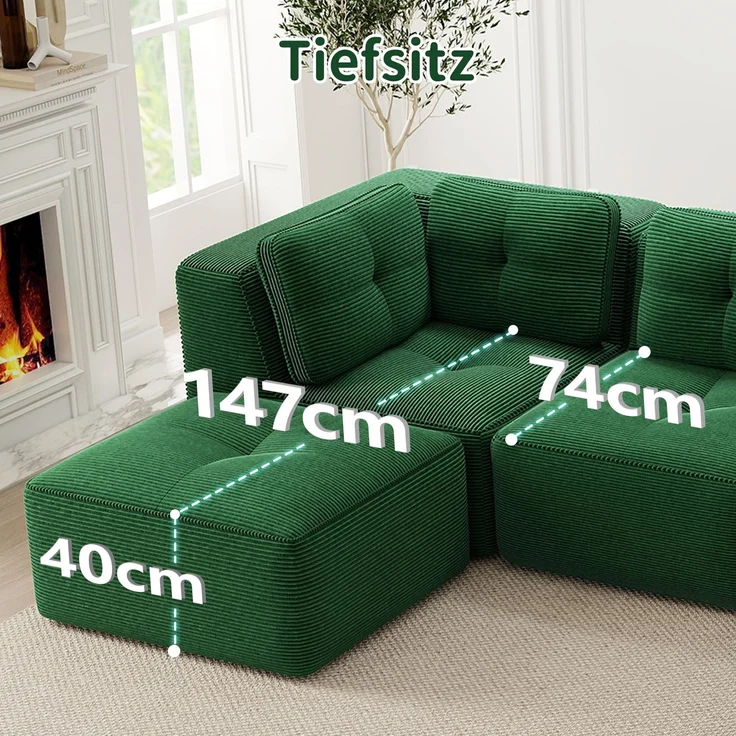 Wohnora-Modulares Wohnzimmersofa ohne Gestell, modulares Ecksofa, U-förmiges Sofa mit Ottomane, tiefes Schlafsofa, rutschfestes Design, keine Montage erforderlich,Grün,H 69cm x T 386cm x B 177cm – Bild 2
