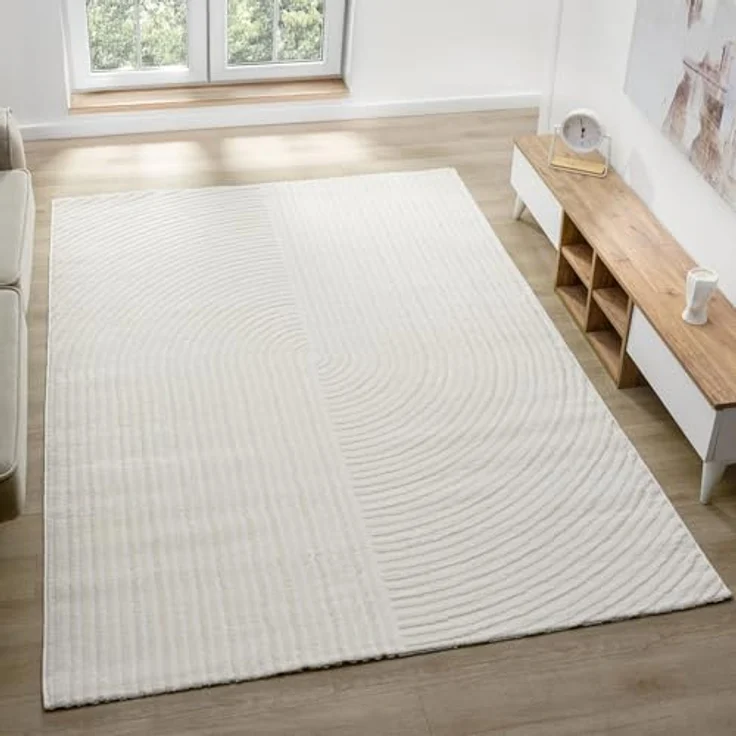 Vimoda Teppich Teppich Wohnzimmer Boho Design dünn kurzflur teppich, Rechteckig, Höhe: 6 mm, Hoch Tief Effekt 3D Teppich, in Creme, Grau &Taupe Läufer Schlafzimmer – Bild 3