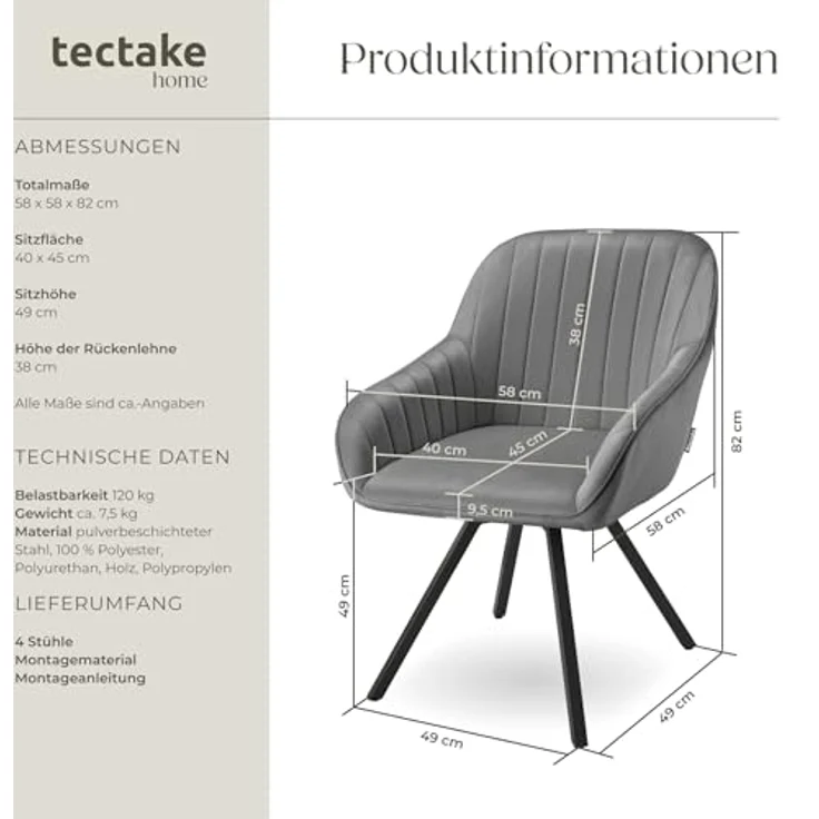 tectake Esszimmerstuhl Drehbarer Armlehnstuhl (4er Set, 4 St), gepolstert, in Samtoptik – Bild 4