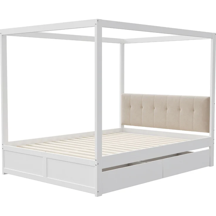 Zeltbett 140×200 cm mit gepolsterter Rückenlehne und 2 Schubladen –Weiß,Holz/Metall – Bild 8
