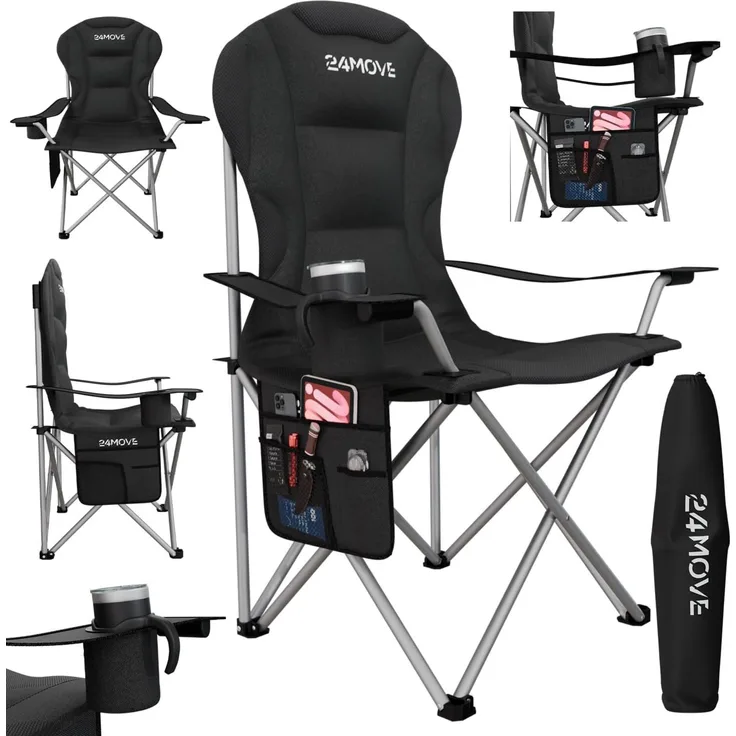 24Move Campingstuhl Campingstuhl faltbar inkl. Tragetasche, bis 150kg belastbar, schwarz (bequeme Arm- und Rückenlehne), Gartenstuhl, Klappstuhl gepolstert