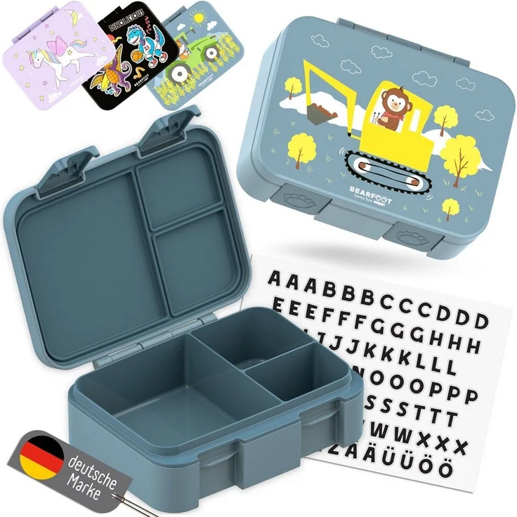 BEARFOOT Lunchbox Brotdose mit Fächern, leicht & auslaufsicher - Bagger blau, PP, ABS, Silikon, Kindergarten und Schule - Mädchen und Jungen, Vesperbox, Snackbox – Bild 1