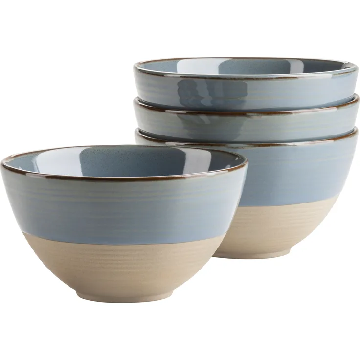 4er Müslischalen Set mit filigranem Linienspiel und edler Glasur, 4 Schalen aus Keramik in modernem Vintage Look; Blau / Grau