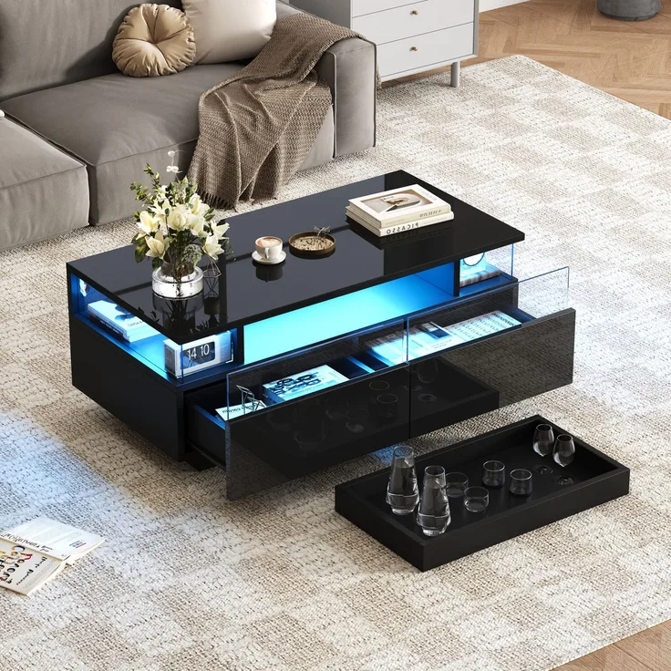 Merax Couchtisch mit Tablett, Hochglanz-Couchtisch fürs Wohnzimmer, Sofatisch mit 2 Schubladen, tragender Beistelltisch aus gehärtetem Glas, kaffeetisch mit LED-Licht, Schwarz