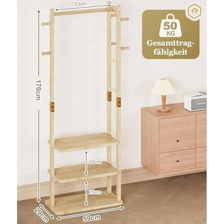 Yorbay Kleiderständer Garderobenständer aus Massivholz mit Ablagebrettern & Haken, Offener Kleiderschrank für Flur, Schlafzimmer – Bild 2