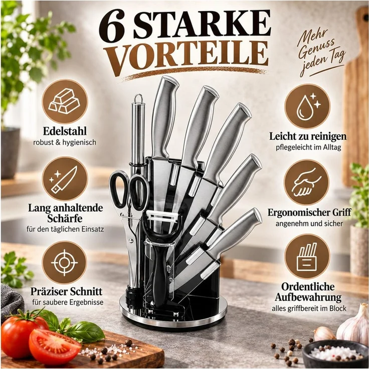 ibettertec Messer-Set Küchenmesserset 9-teilig Edelstahl Kochmesser für Haushalt (Set, 9-tlg, Edelstahl, lebensmittelecht, rostbeständig, gebürstete Oberfläche), Ergonomischer Hohlgriff für hohen Komfort, Modernes Design – Bild 3