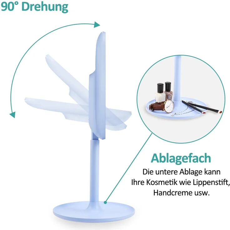 EMKE Kosmetikspiegel mit beleuchtung Wiederaufladbarer Schminkspiegel, LED Kosmetikspiegel mit 3 Lichtfarben, 1/3x Vergrößerung, 90°Schwenkbar, Touchschalter und Memory-Funktion(Hellblau) – Bild 4