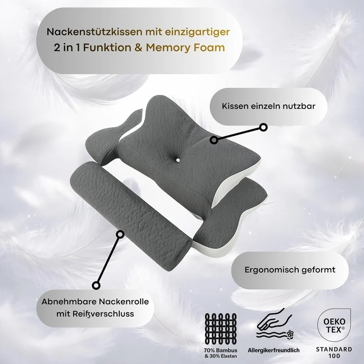 Ergonomisches Nackenstützkissen für Rücken, Seiten & Bauchschläfer - Memory Foam - hautfreundlicher Bambus Bezug - Oeko Tex® zertifiziert - 2in1 Funktion mit abnehmbarer Nackenrolle - 60x38 cm – Bild 5