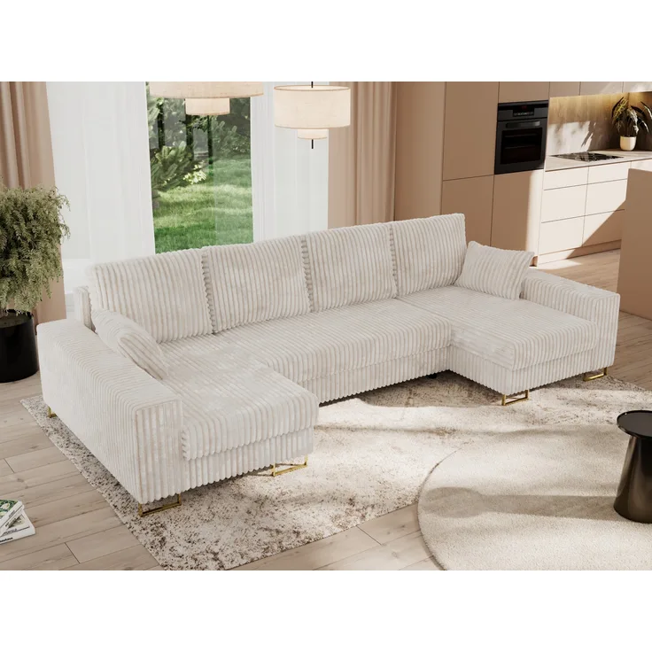 U-förmiges Ecksofa auf goldenen Metallbeinen, mit Schlaffunktion und drei Bettkästen für das Wohnzimmer - DORIAN U - Beige Cord