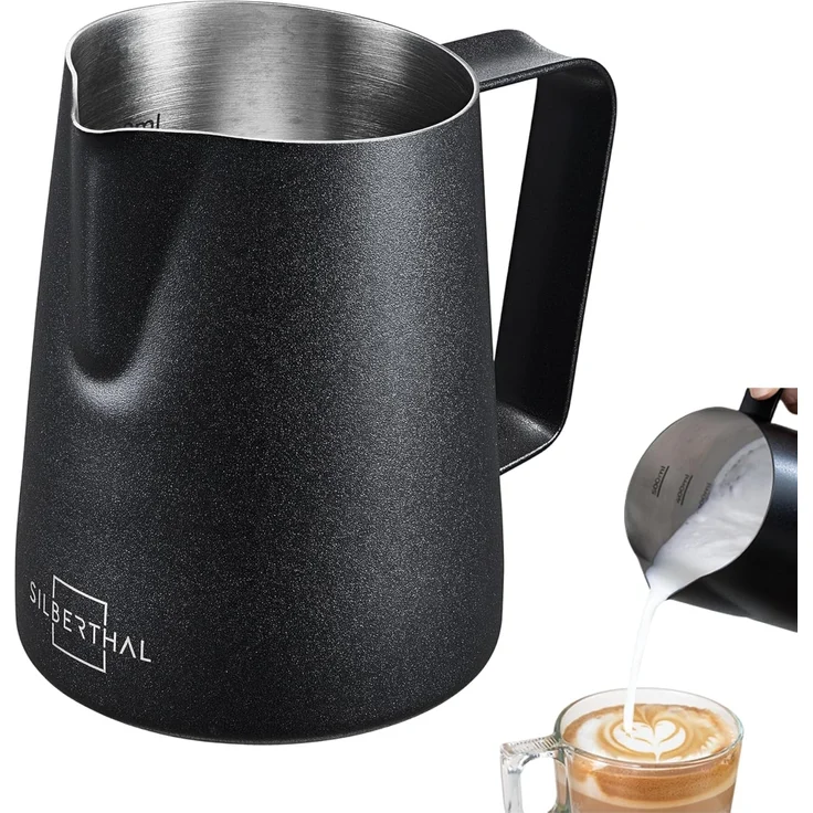 SILBERTHAL Milchkännchen Edelstahl schwarz für Siebträgermaschinen, 0.35 l, Professionelles Barista Zubehör mit Latte Art Ausguss – Bild 1