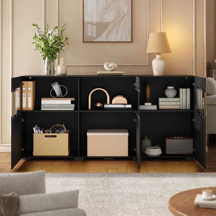 ZUBALIYA Sideboard 160x38x78 cm, mit LED-Beleuchtung, Hochglanz, mit 3 Türen, aus Spanplatte, Schwarz – Bild 3