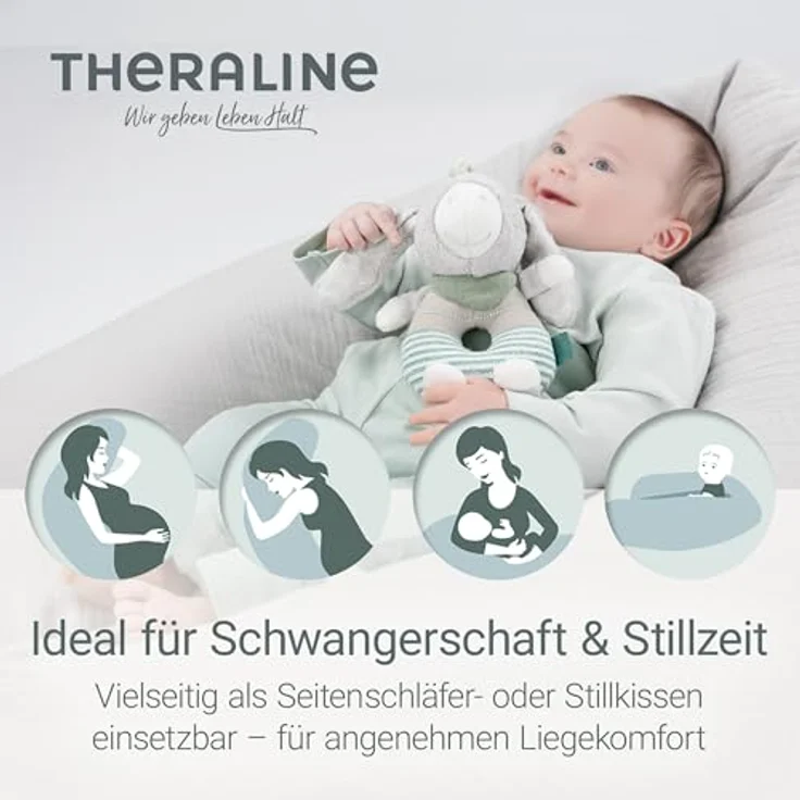 Theraline Dodo Premium Stillkissen, flexibles Lagerungs- und Stillkissen mit feiner Perlen-Füllung, 180 cm, Musselin Bezug in Nebelgrau – Bild 2