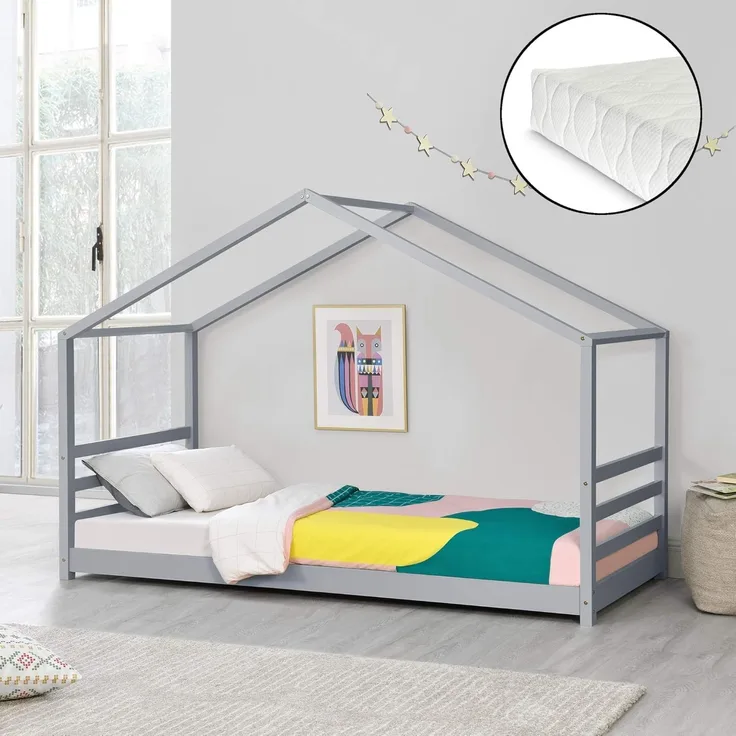 en.casa Hausbett 90x200 cm Grau, inkl. Lattenrost und Matratze