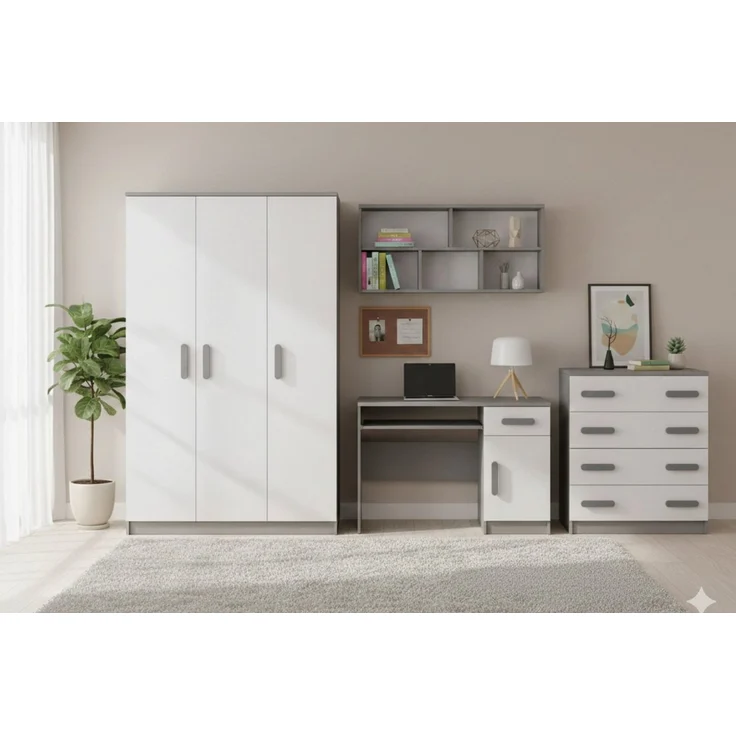 Deine Möbel 24 Jugendzimmer-Set INGE B Kinderzimmer Set Möbel für Kinder & Jugendliche, (Set (19 + 8 + 9 + 2), 3-tlg, in Weiß Dunkelgrau Eiche Sonoma), inkl. Kleiderschrank, Schreibtisch, Kommode & Wandregal – Bild 2